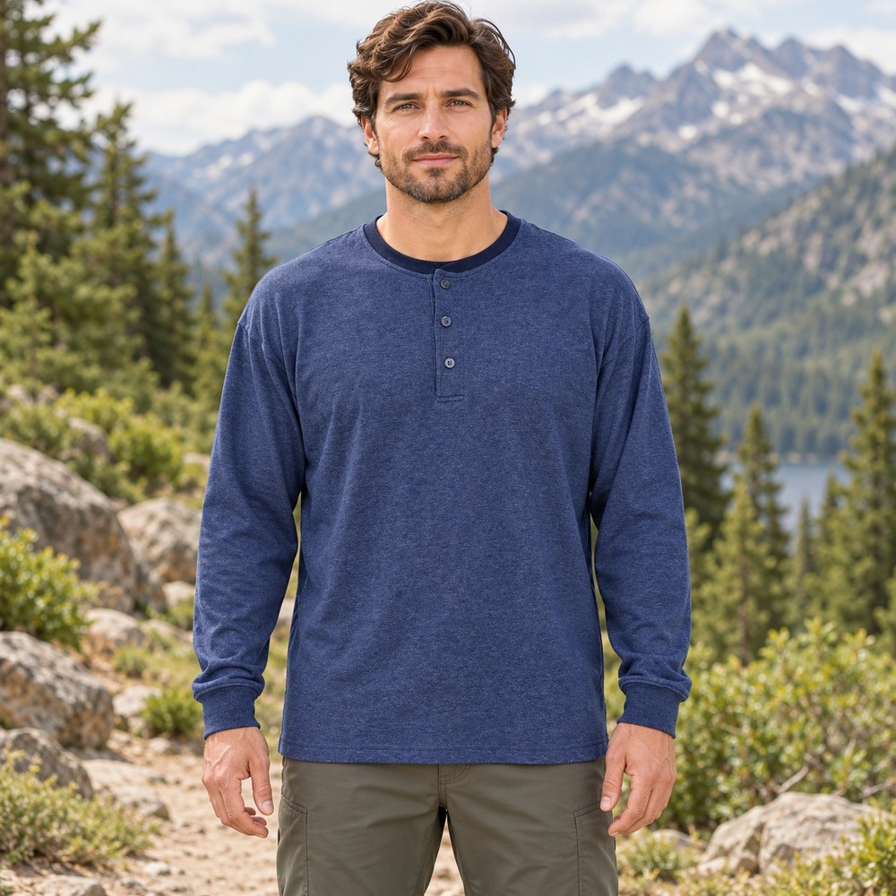 L.L. Bean Men's XL Henley Shirt Blue 100% Cotton Long Sleeve Gorpcore Outdoor
